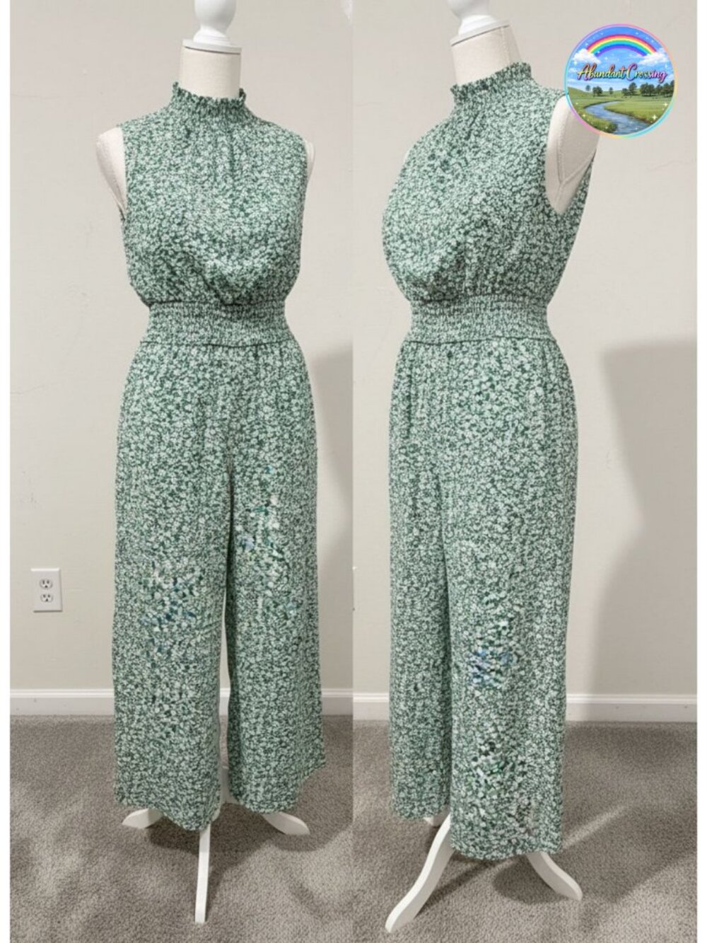 Floral Mock Neck Sleeveless Wide Leg Jumpsuit with Pockets